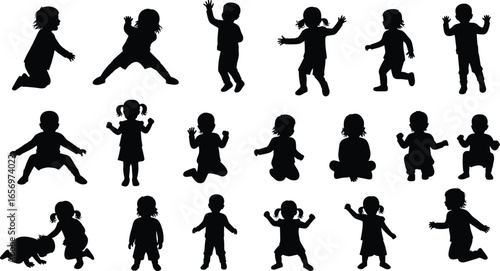 Set of baby and toddler silhouettes. Children sitting, crawling, standing, playing. Vector illustration for childhood, parenting, family, development, education, health.