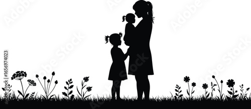 Mother holding baby with daughter by side. Family silhouette standing in grass with flowers. Parenthood, love, childhood concept vector illustration.