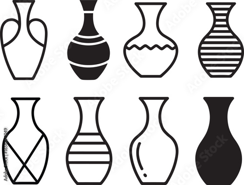 Collection of eight decorative ceramic vases and pottery in various shapes and styles outlined in black and white