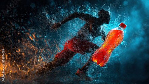 Runner splashing through water with orange sports drink bottle symbolizing energy strength power endurance and refreshment