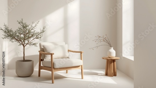 Bright and minimalist interior design with modern furniture and a plant, isolated on white background, creating an elegant and inviting space