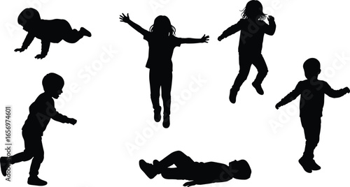 Children silhouettes in different poses. Kids playing, running, jumping, crawling, and lying down. Childhood activity vector illustration set.
