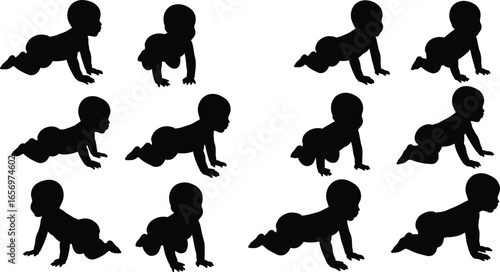 Crawling baby silhouettes. Infant movement, toddler growth, child development poses. Vector illustration set of babies crawling in different positions.