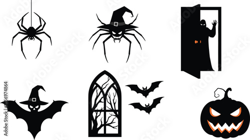 Halloween silhouette vector set with spider, bat, pumpkin, vampire, haunted window and spooky elements for holiday decorations and designs.