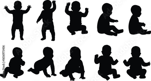 Baby silhouette collection showing various poses including standing, crawling, and sitting, adorable infant shapes for nursery, parenting, and childcare designs