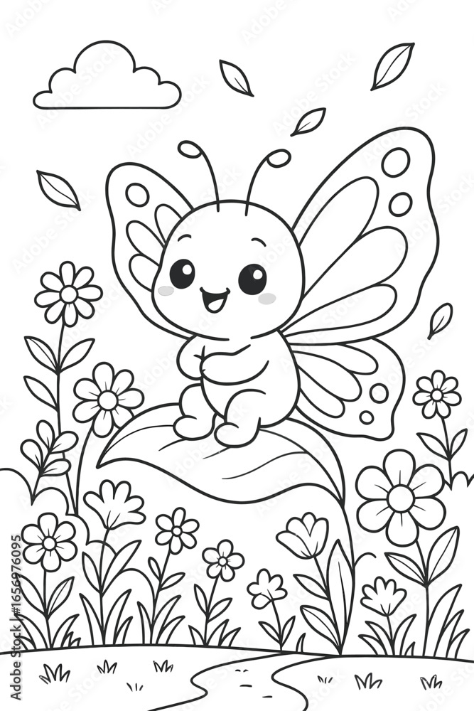 Fototapeta premium Cute butterfly sitting on leaf in a garden coloring page illustration