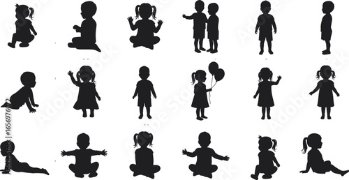 Children silhouette set, sitting, standing, crawling, holding balloons, playing poses, boy and girl black vector illustration, isolated kids activity design