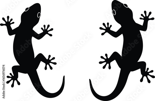 Gecko lizard silhouette set, climbing wall, reptile vector illustration, black animal design, tropical wildlife icon, isolated crawling gecko pose art