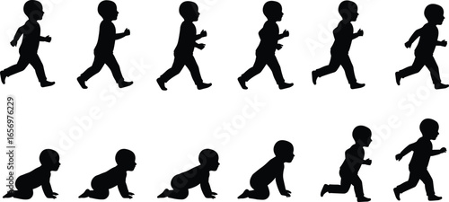Baby crawling to walking stages silhouette, child development process, toddler movement evolution, black vector illustration, isolated growth milestone concept for design