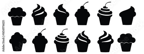 Collection of stylized black ice cream cone silhouettes for sweet treats and summer promotions