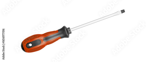 A flathead screwdriver with a Brown black handle is designed for construction work. Its durable build ensures efficiency in tough conditions on isolated white background close-up