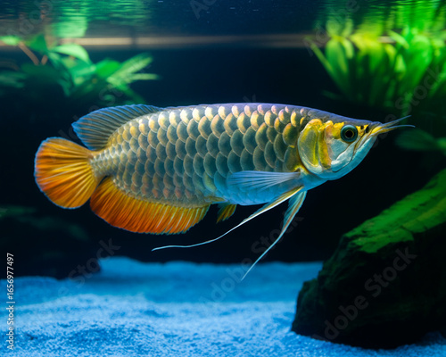 Golden Arowana fish swimming in aquarium with green plants