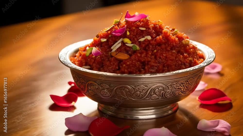 Exquisite Traditional Indian Gajar ka Halwa Dessert in an Ornate Silver Bowl.