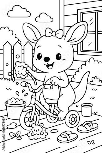 Cute kangaroo on a tricycle washing with bubbles in a backyard vector art