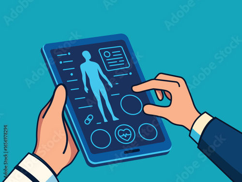 Doctor using a digital tablet with patient medical history and health data on screen, modern illustration about healthcare technology, digital medicine, telemedicine and futuristic diagnostics.