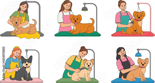 A cohesive series of six flat cartoon illustrations depicting professional female groomers caring for dogs