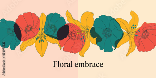 A vibrant floral arrangement featuring lilies and poppies on a split tone background artwork design