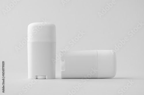 White plastic deodorant or balm stick mockup on neutral background
