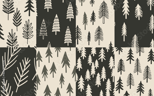 Four seamless patterns of stylized evergreen trees in a forest theme