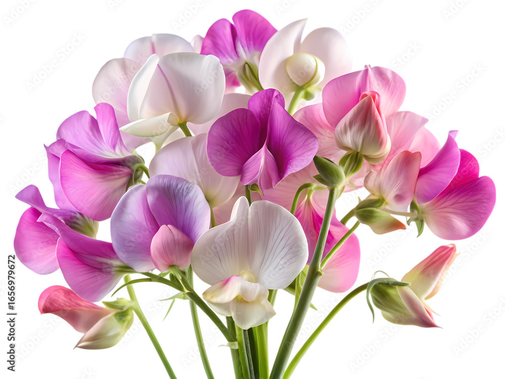 Fototapeta premium Bunch of pink, purple and white sweet pea flowers isolated on transparent background