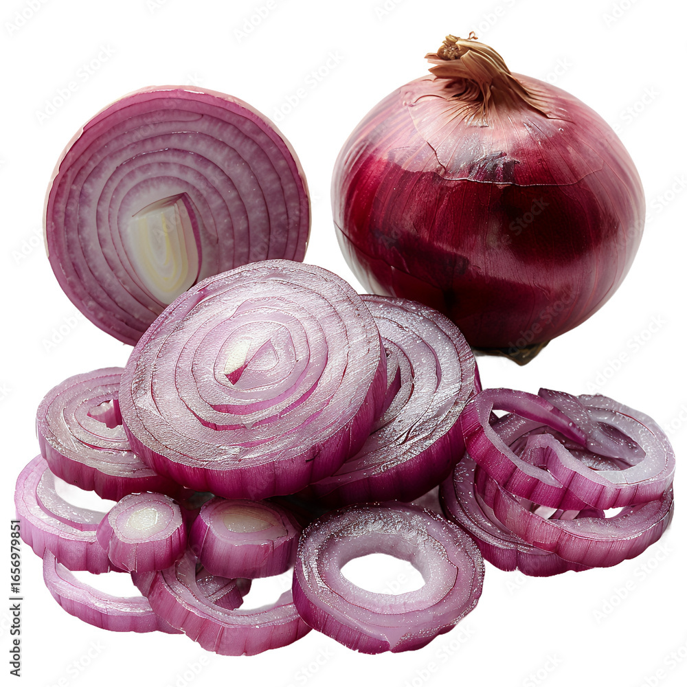 Fototapeta premium A group of sliced and whole red onions on a dark surface
