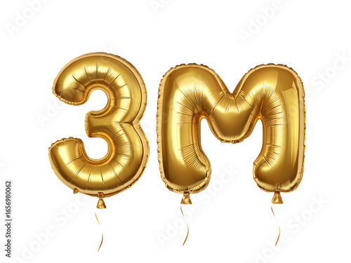 Golden 3m balloons celebrating three million followers or subscribers isolated on transparent background