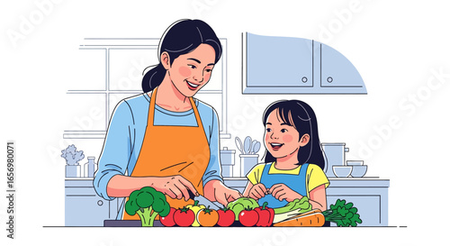 Adobe illustrator artwork vector illustration Mother and daughter happily preparing healthy vegetables together in a bright kitchen. Family cooking concept, healthy eating, vector illustration.