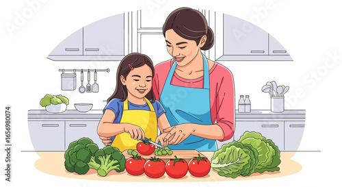 Adobe illustrator artwork vector illustration Mother and daughter happily preparing healthy vegetables together in a bright kitchen. Family cooking concept, healthy eating, vector illustration.