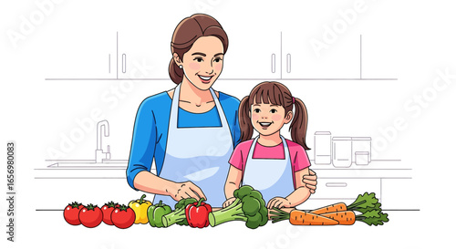 Adobe illustrator artwork vector illustration Mother and daughter happily preparing healthy vegetables together in a bright kitchen. Family cooking concept, healthy eating, vector illustration.