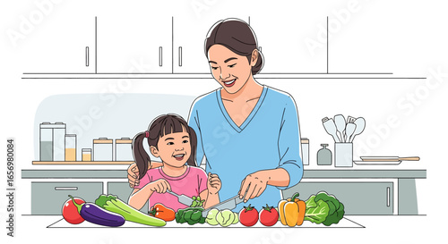 Adobe illustrator artwork vector illustration Mother and daughter happily preparing healthy vegetables together in a bright kitchen. Family cooking concept, healthy eating, vector illustration.