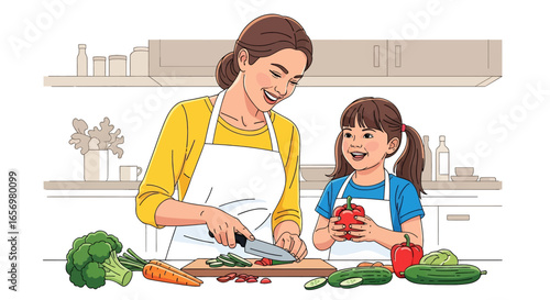 Adobe illustrator artwork vector illustration Mother and daughter happily preparing healthy vegetables together in a bright kitchen. Family cooking concept, healthy eating, vector illustration.