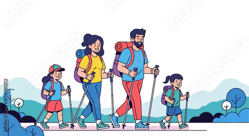 Adobe illustrator artwork vector illustration Happy family of four hiking together in a lush, tropical landscape with backpacks and trekking poles. Adventure travel, nature exploration, vector illust