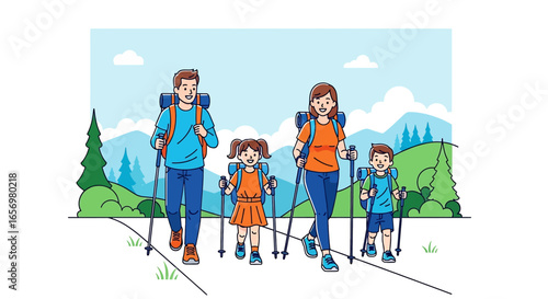 Adobe illustrator artwork vector illustration Happy family of four hiking together in a lush, tropical landscape with backpacks and trekking poles. Adventure travel, nature exploration, vector illust