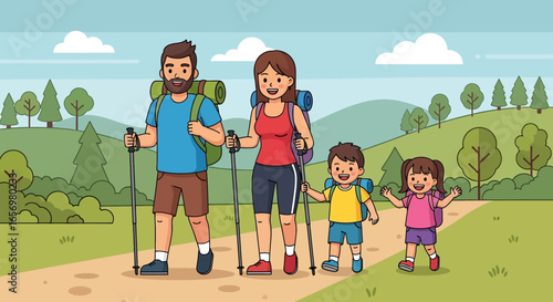 Adobe illustrator artwork vector illustration Happy family of four hiking together in a lush, tropical landscape with backpacks and trekking poles. Adventure travel, nature exploration, vector illust