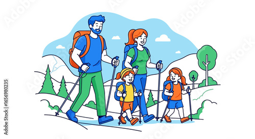 Adobe illustrator artwork vector illustration Happy family of four hiking together in a lush, tropical landscape with backpacks and trekking poles. Adventure travel, nature exploration, vector illust