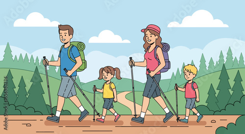 Adobe illustrator artwork vector illustration Happy family of four hiking together in a lush, tropical landscape with backpacks and trekking poles. Adventure travel, nature exploration, vector illust