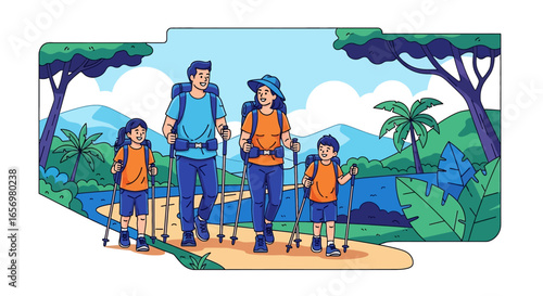 Adobe illustrator artwork vector illustration Happy family of four hiking together in a lush, tropical landscape with backpacks and trekking poles. Adventure travel, nature exploration, vector illust