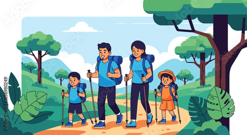 Adobe illustrator artwork vector illustration Happy family of four hiking together in a lush, tropical landscape with backpacks and trekking poles. Adventure travel, nature exploration, vector illust