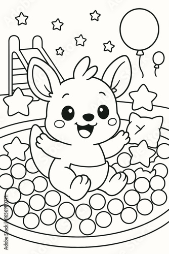 Playful kangaroo in a ball pit surrounded by stars and balloons illustration