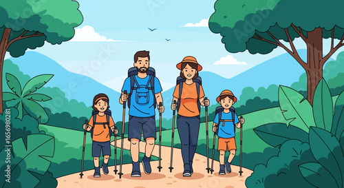 Adobe illustrator artwork vector illustration Happy family of four hiking together in a lush, tropical landscape with backpacks and trekking poles. Adventure travel, nature exploration, vector illust