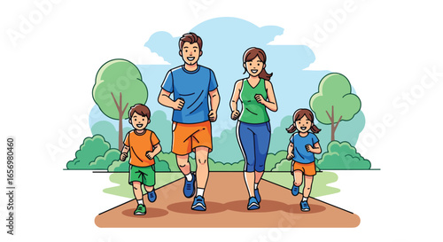 Adobe illustrator artwork vector illustration Joyful family of four jogging together on a park path surrounded by lush green trees under a clear blue sky. Healthy lifestyle, family fitness, vector 