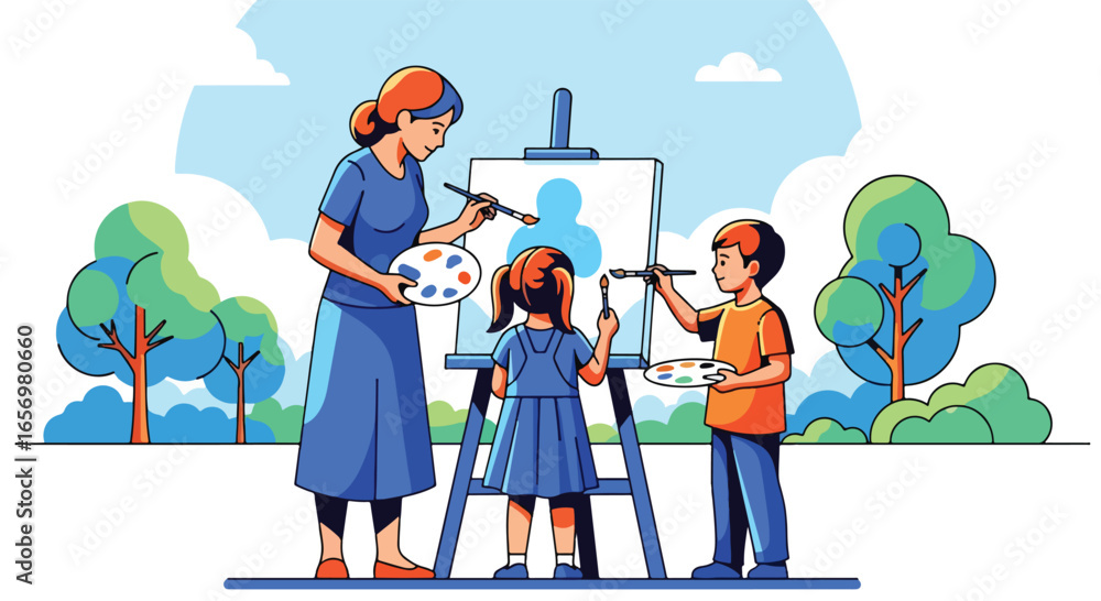 Naklejka premium Adobe illustrator artwork vector illustration. A family with a mother and two children painting outdoors in a park on a sunny day. The illustration has a flat, minimalist style
