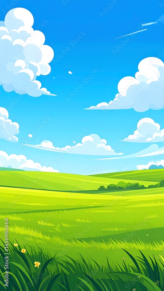Fototapeta premium Vibrant green field under a vibrant blue sky