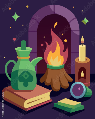 Magic potion and book. Vector illustration in flat style. Halloween.