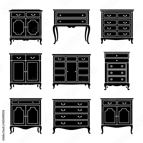 Nine Vintage Furniture Icons: Armoires, Chests of Drawers, and Cabinets in Solid Black Silhouette Style
