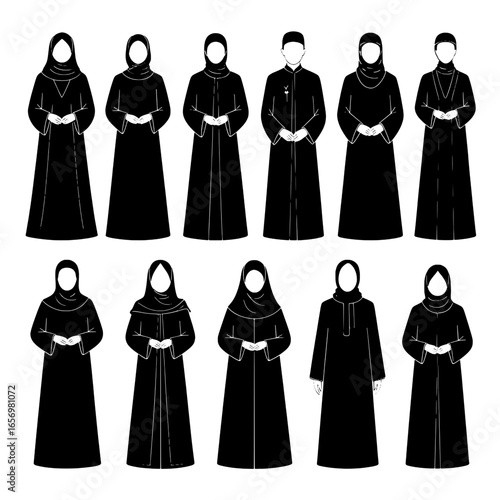 Twelve Silhouettes: Diverse Islamic Clothing Styles in Black and White