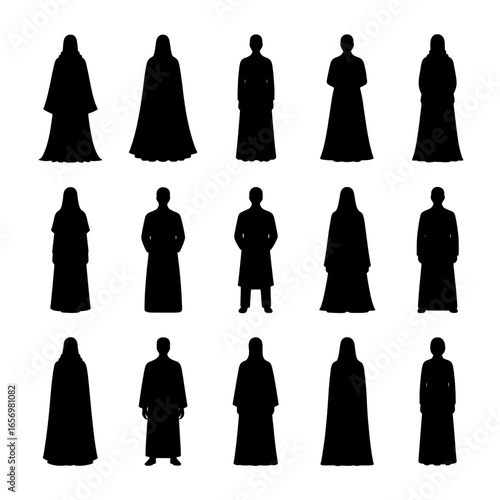 20 Solid Black Silhouettes of People in Various Islamic Clothing Styles:  A Grid of Men and Women in Abayas, Niqabs, and Traditional Garments