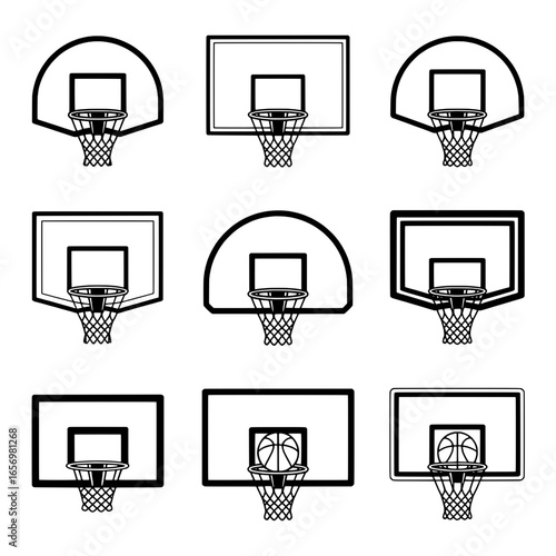 Nine Basketball Hoop Icons: Variations in Backboard Shape and Ball Inclusion