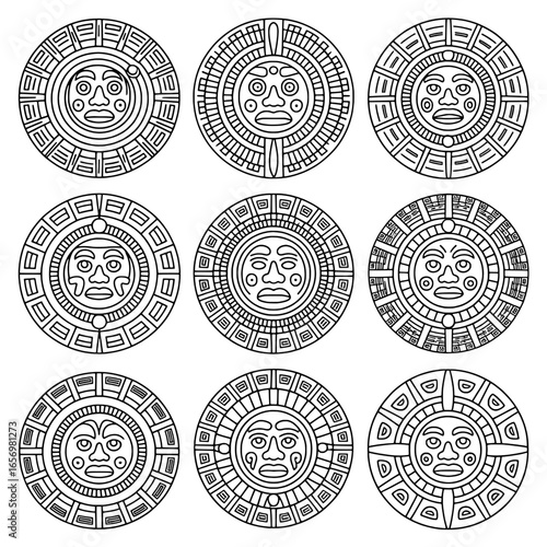 Nine Aztec Sun Calendar Icons:  Black Outline Circular Designs with Variations in Detail