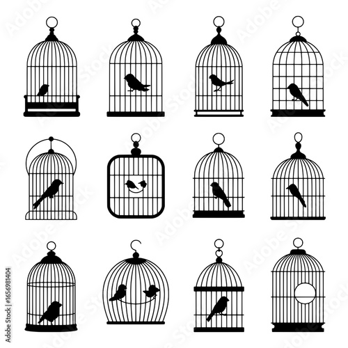 Twelve Birdcage Icons: A Collection of Vintage-Style Black Silhouette Birdcages with Birds